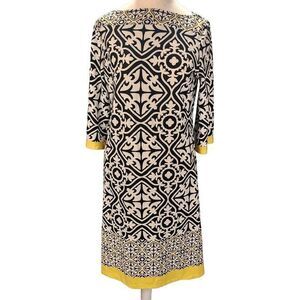 Haani Dress Womens Large‎ Black Yellow Knit Stretch Textured Abstract Business